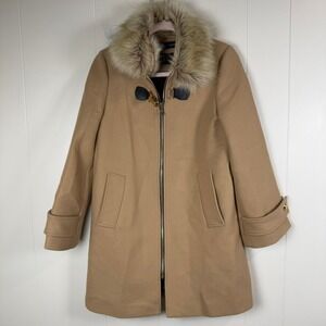 ZARA‎ Women's Tan Wool Blend Faux Fur Trim Duffle Toggle Coat XS